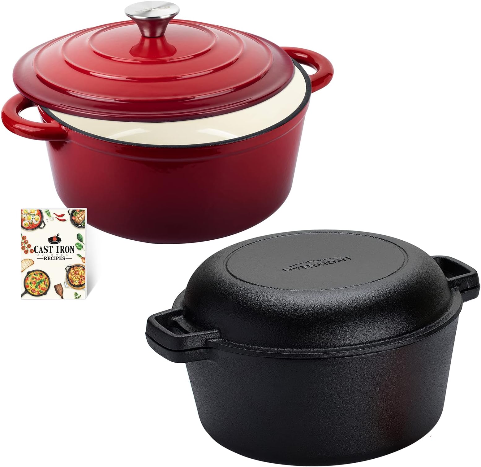 Overmont 5.5QT Enameled Cast Iron Dutch oven + 5QT 2in1