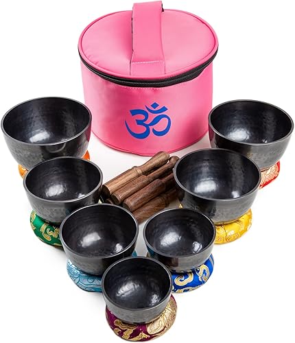 Himalayan Bazaar Juego de 7 cuencos tibetanos para cantar de bronce para meditación y atención plena con caja de transporte