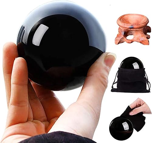 HOMELEX Bola de cristal de obsidiana mágica negra con soporte de madera para meditación, curación de cristales, esfera de adivinación, decoración