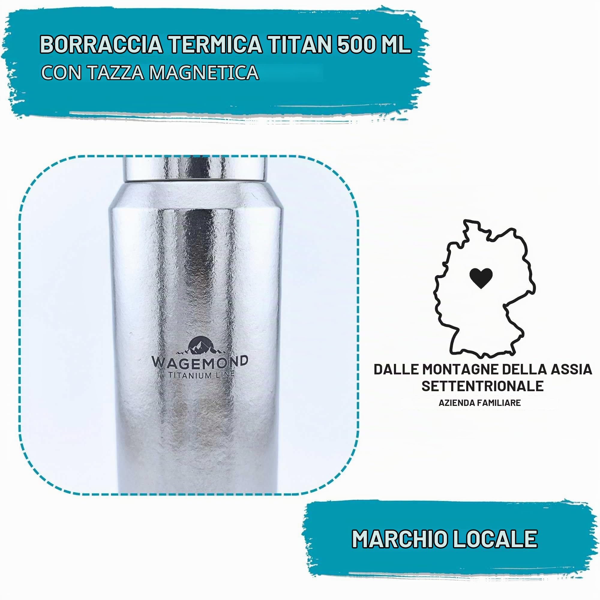 Thermos in titanio da 500 ml, ultra leggero e a doppia parete, isolato, 100% titanio, senza BPA, con tazza magnetica, colino da tè, custodia protettiva e spazzola per la pulizia, all'aperto
