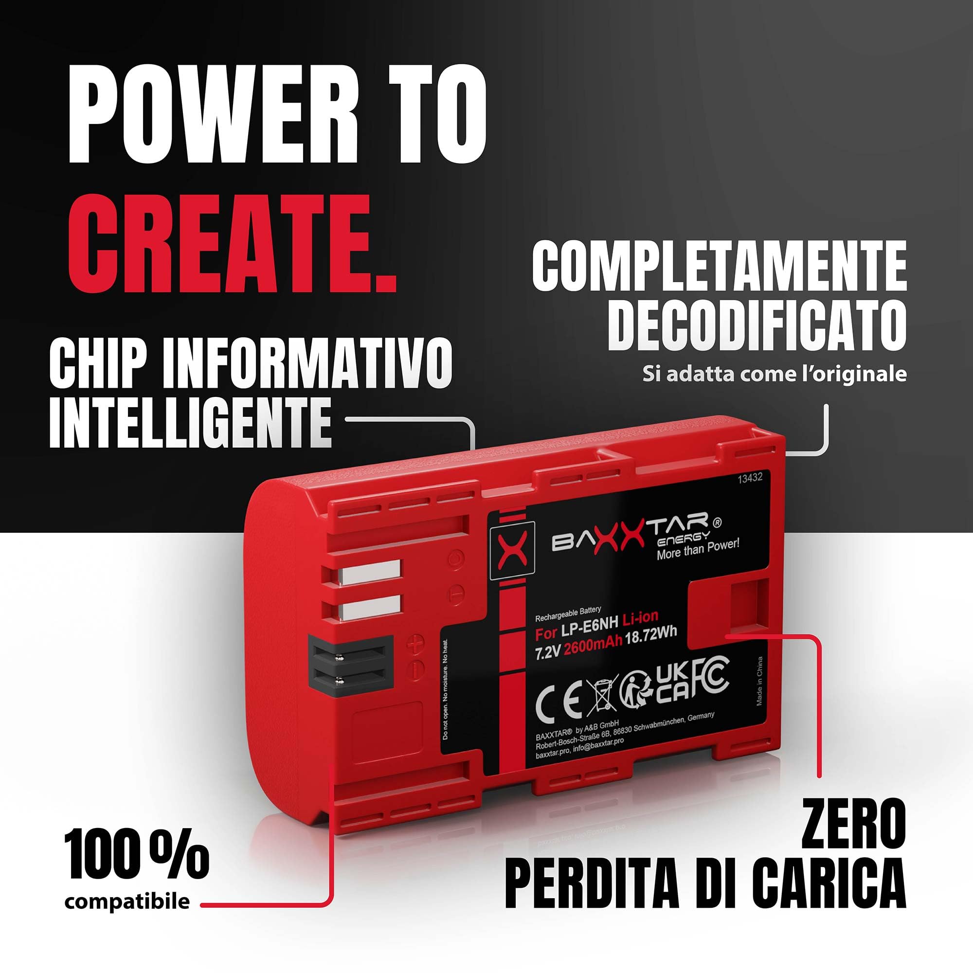 Baxxtar Pro LP-E6NH Batteria 2600mAh con chip informativo – Ricambio per Canon LP-E6NH LP-E6N LP-E6 – per EOS R5 R6 R6 II R7, 5D Mark II III IV, 5DS, 6D, 7D, 60D 70D 80D 90D, XC10 XC15 – riserva pro