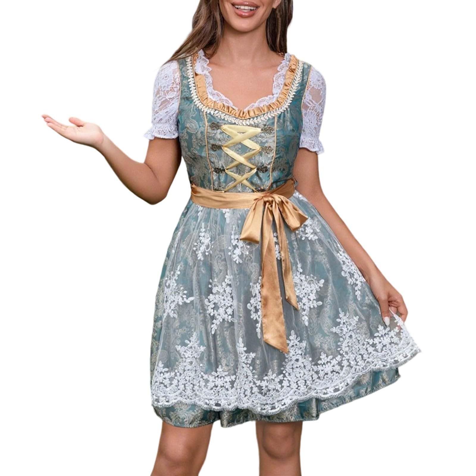 Generisch Dirndl Für Damen Trachtenrock Midi Kleid Dirndlbluse Für Frauen Karneval Oktoberfest Party, Elegantess Cosplay-Kleid für Frauen mit Spitzenkorsett großem Rock perfekt für Mittelalterfest