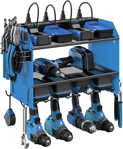 Miniatura 9 de CCCEI Organizador de herramientas eléctricas con estación de carga soporte de taladro de montaje en pared con 8 tomacorrientes estante de