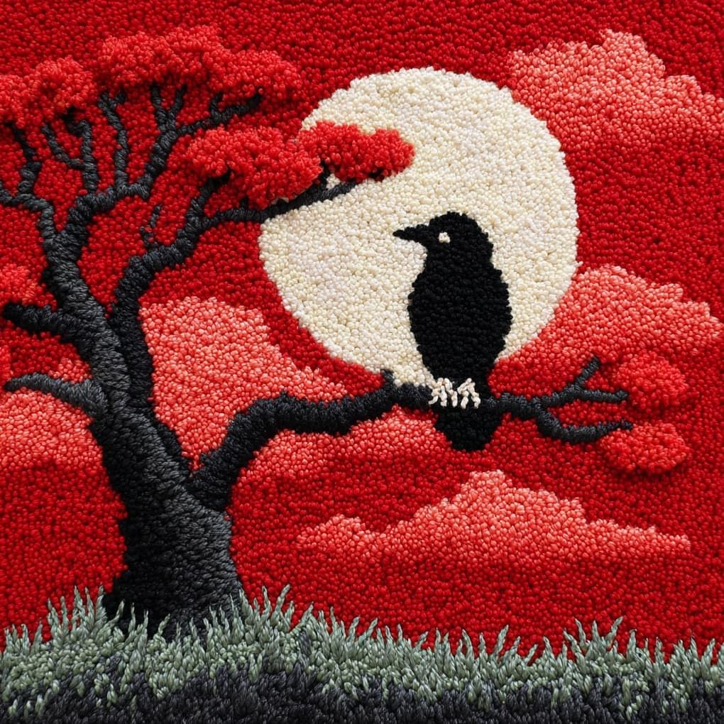 Henypt Latch Hook Craft Cushion Kit 43x43cm,Crows on the Moon Pillow Cover Needlework for Bedroom Lounge,Easy to Make Starter Set for All Ages