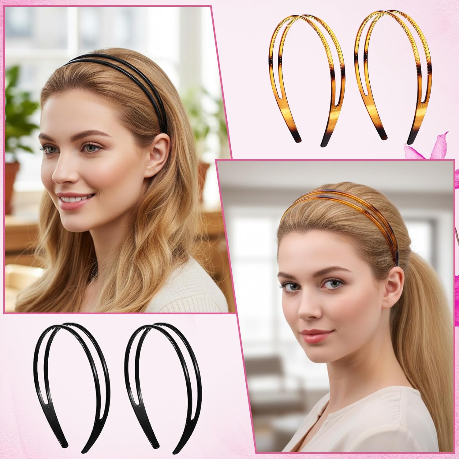 Sibba 4PCS Plastic Hairband Double Row Teeth Comb Headbands for Women Non Slip Hair Band with Tooth Headwear Fashion Simple Hair Hoop Headband Hairbands Hairs Accessory for Slicked Back (Black, Brown) - Image 6