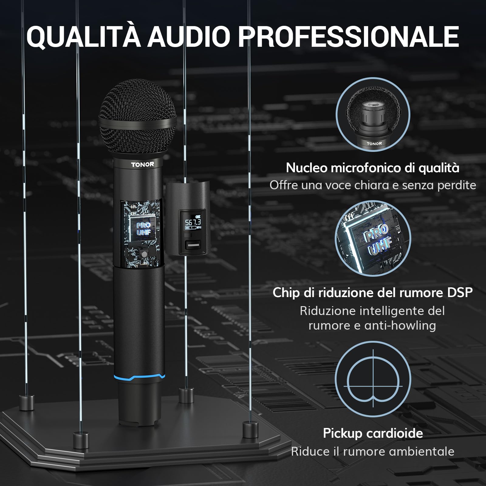 TONOR Microfono Wireless Professionale, Sistema Microfono Ricaricabile Bluetooth, Microfono Dinamico in Metallo UHF 2x25 per Karaoke, Chiesa, Canto, Matrimonio, Riunione, Mute con Clic, 100 M, TW720