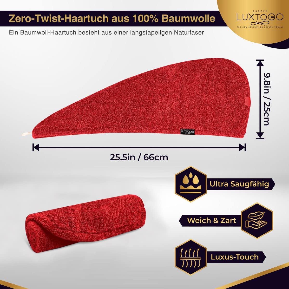 Asciugamano turbante per capelli, 100% cotone, di alta qualità, con bottone ed elastico, turbante per la testa super assorbente (1 pezzo rosso)