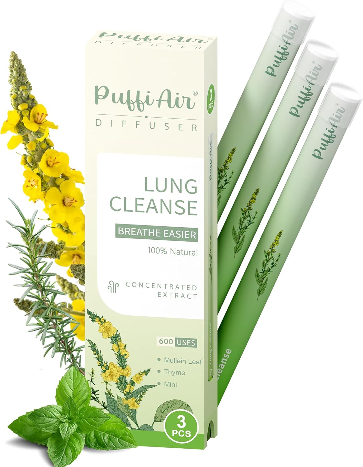 Herbal Diffuser Pen, Detox Diffuser with Mullein, Thyme & Mint for Better Breathing, All Natural Swap - Up to 600 Uses (Varies by Usage), 3 Diffusers, 1 Pack