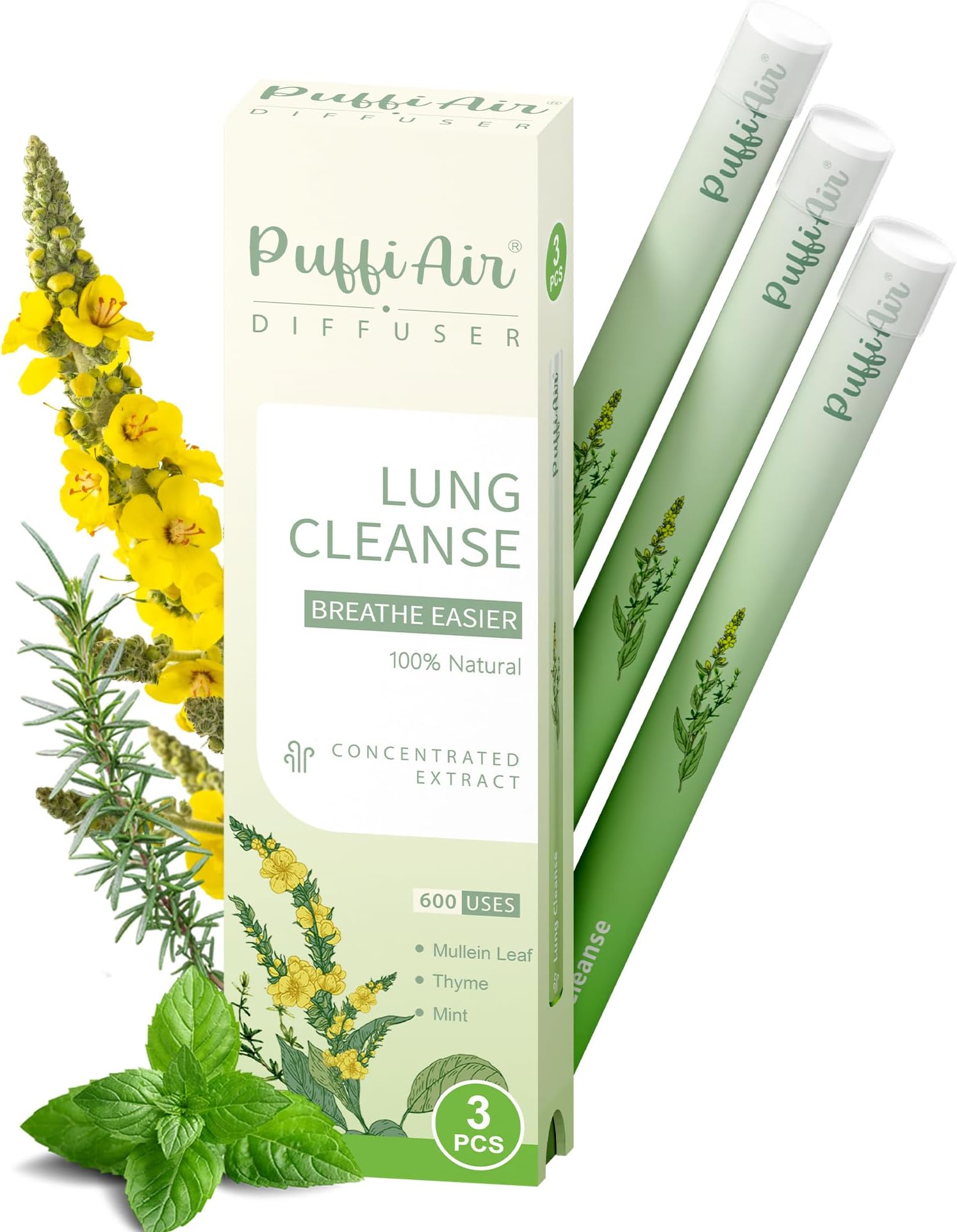 Puffiair Herbal Diffuser Pen, Mullein Flavoured Lung Cleanse Inhaler, 12cm No Nicotine Inhaler with Mullein, Thyme & Mint Extracts, Green 1800 Uses