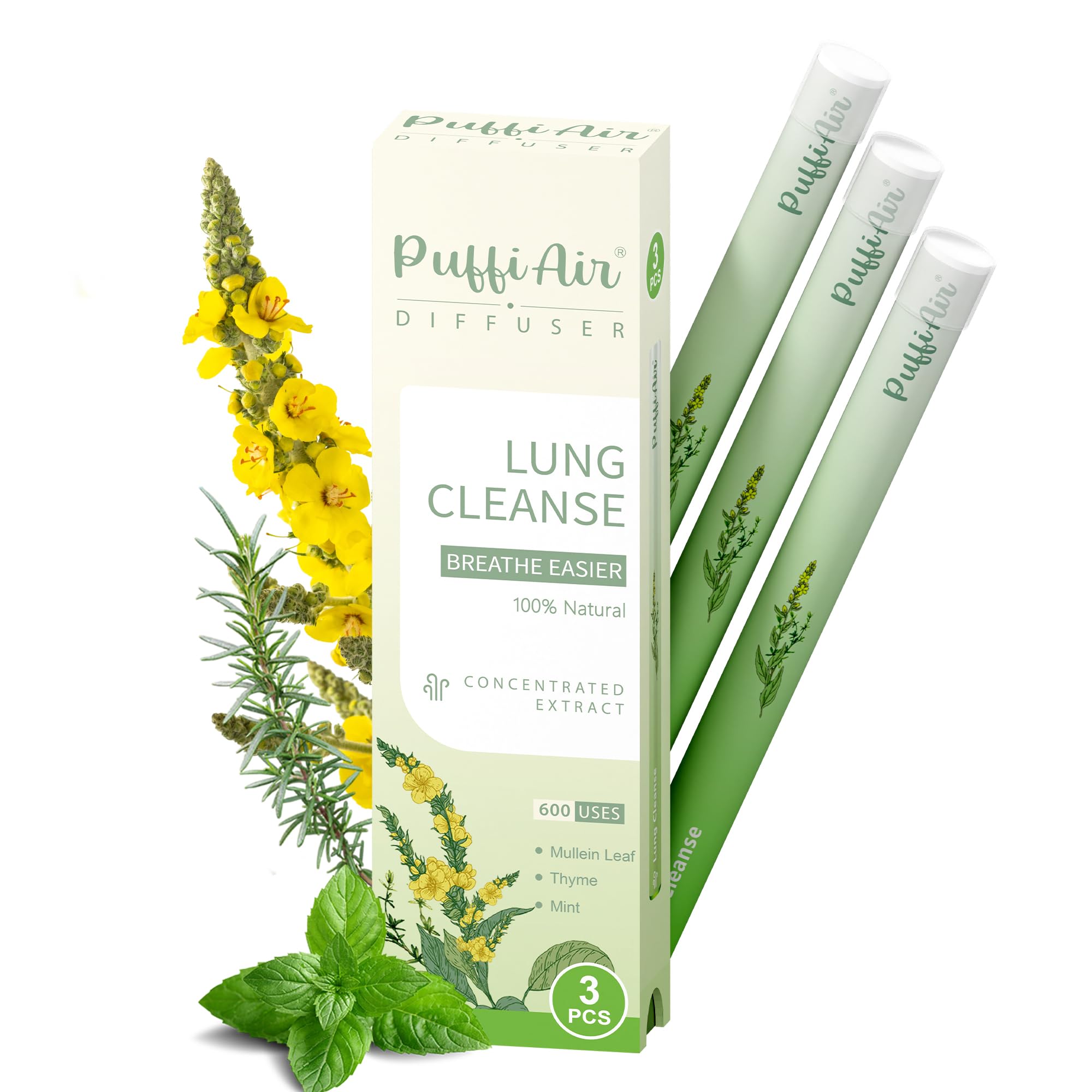 Herbal Diffuser Pen, Lung Cleanse Diffuser with Mullein, Thyme & Mint for Better Breathing, All Natural Swap - 600 Uses, 3 Diffusers, 1 Pack