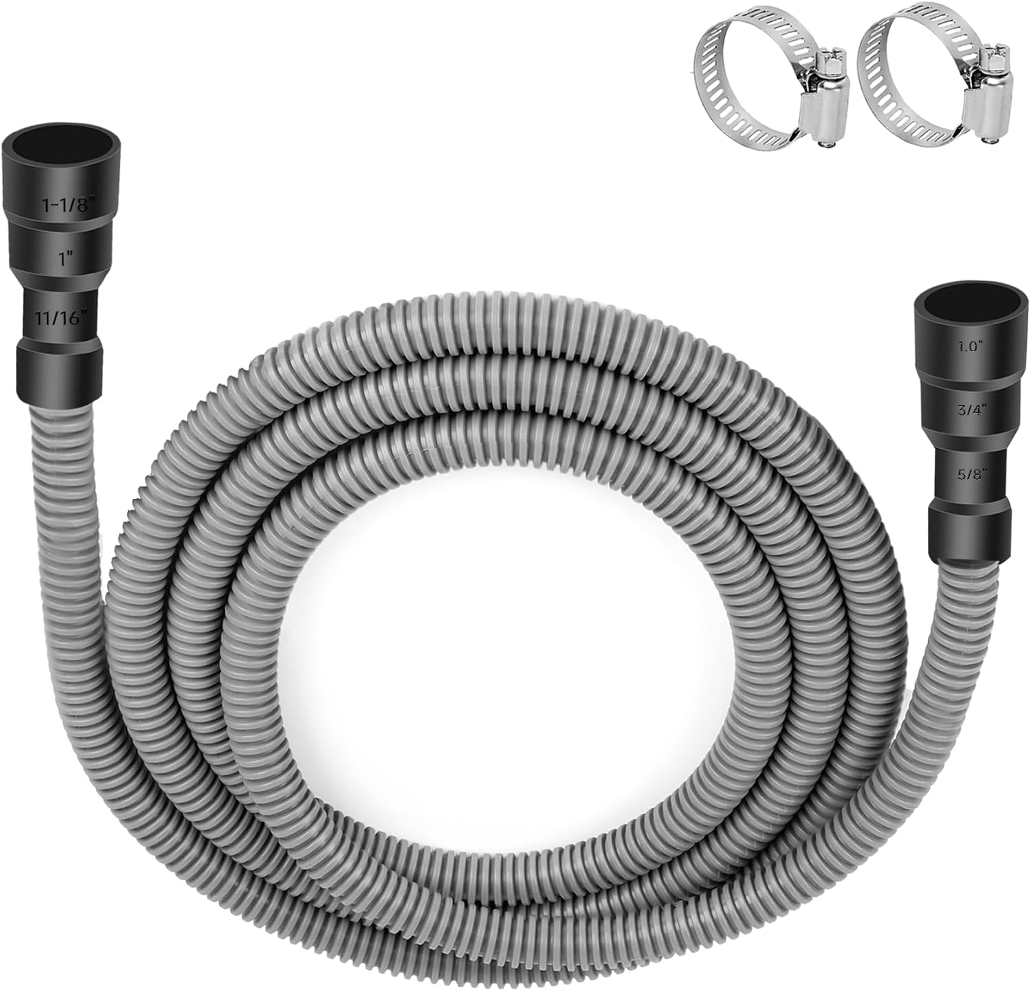 Universal Dishwasher Drain Hose, 10 Ft Dishwasher Discharge Hose Extension, Corrugated and Flexible Dishwasher Hose Drain Replacement Fits 11/16",1" and 1-1/8"Dishwasher End, with 2 Clamps