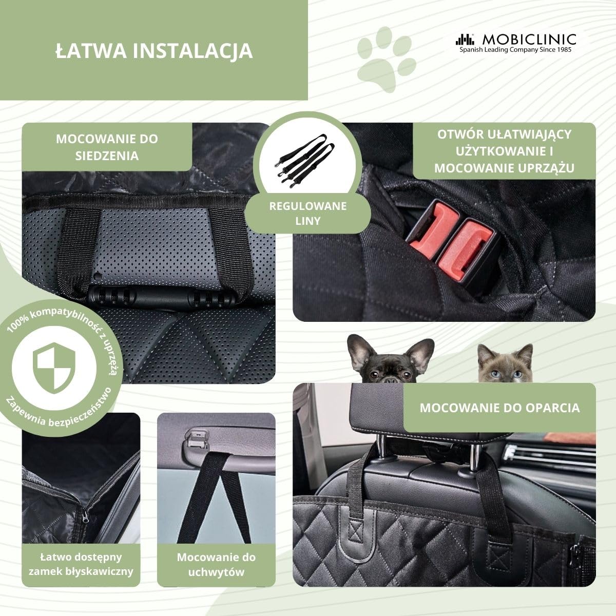 Mobiclinic® pets, Pokrowiec na fotel samochodowy dla psów, Sammy, Uniwersalny, Antypoślizgowy, Wodoodporny, Kieszeń boczna, Regulowane paski, Niskie składanie, Torba transportowa, Do bagażnika