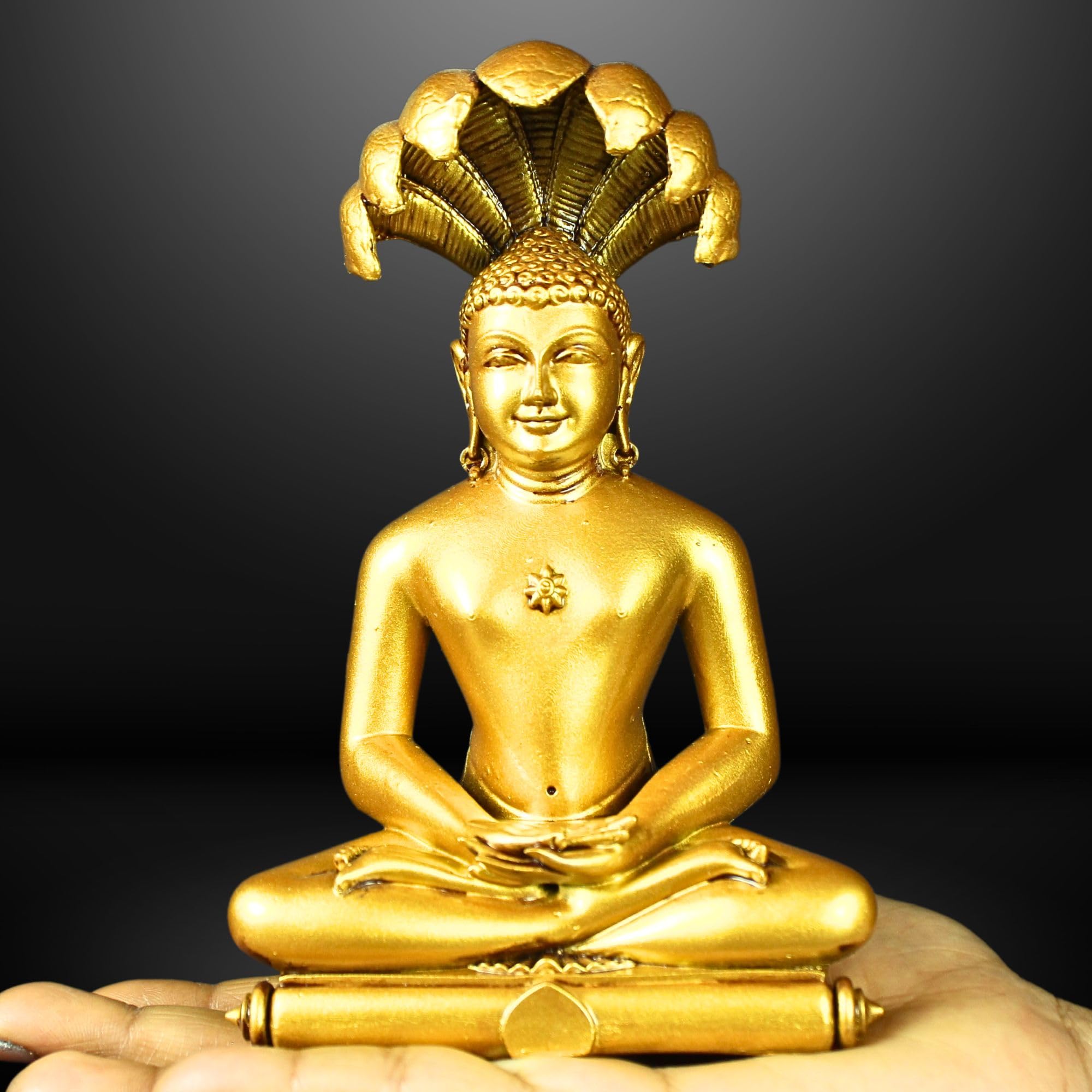 Bhagwan Mahavir Parshvanath Swamy Jain Tirthankara Statue – 6 Inches Polystone Idol | Brass Look, Antique Silver Look, White & Black | Pooja Room, Home & Office Decor (Brass)-image-28