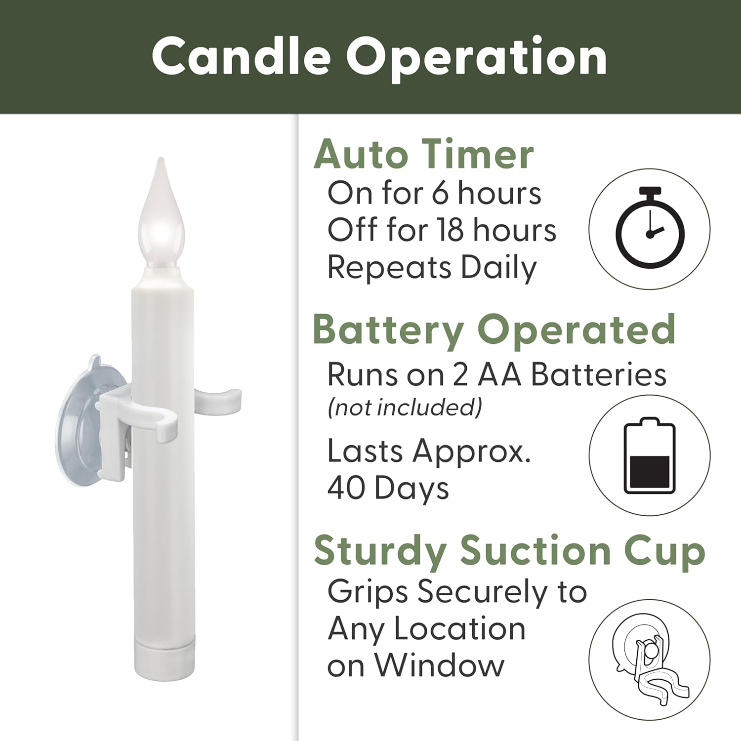 612 Vermont LED Battery Operated Suction Cup Window Candles with Timer, Bright Hot Spot, VT-1506SC-4 (Pack of 4)
