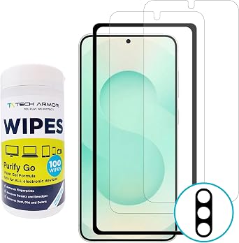 Tech Armor Bundle Protection for NEW Samsung Galaxy S25 100 Count Purify Go Cleaning Wipes - Ballistic Tempered Glass Screen Protector [2 Pack] with Camera Lens [1 Pack]