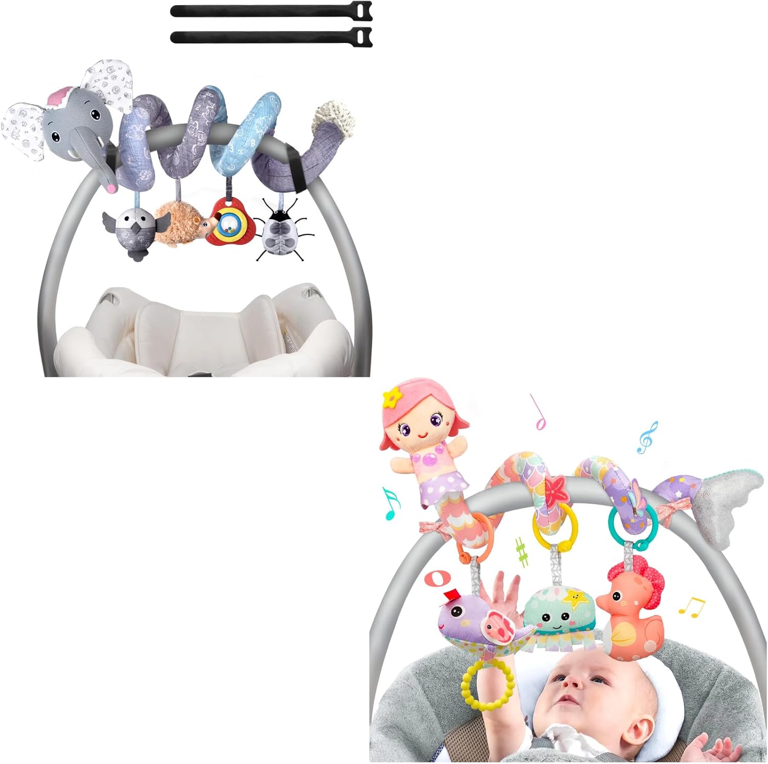 Musical Elephant Car Seat Toys & Mermaid Carseat Toys Hanging Stroller Toys, Infant Toys 0-6 Months Baby Toys Newborn Toys 0 3 Months for 0 3 6 9 12 Boys Girls Enfants