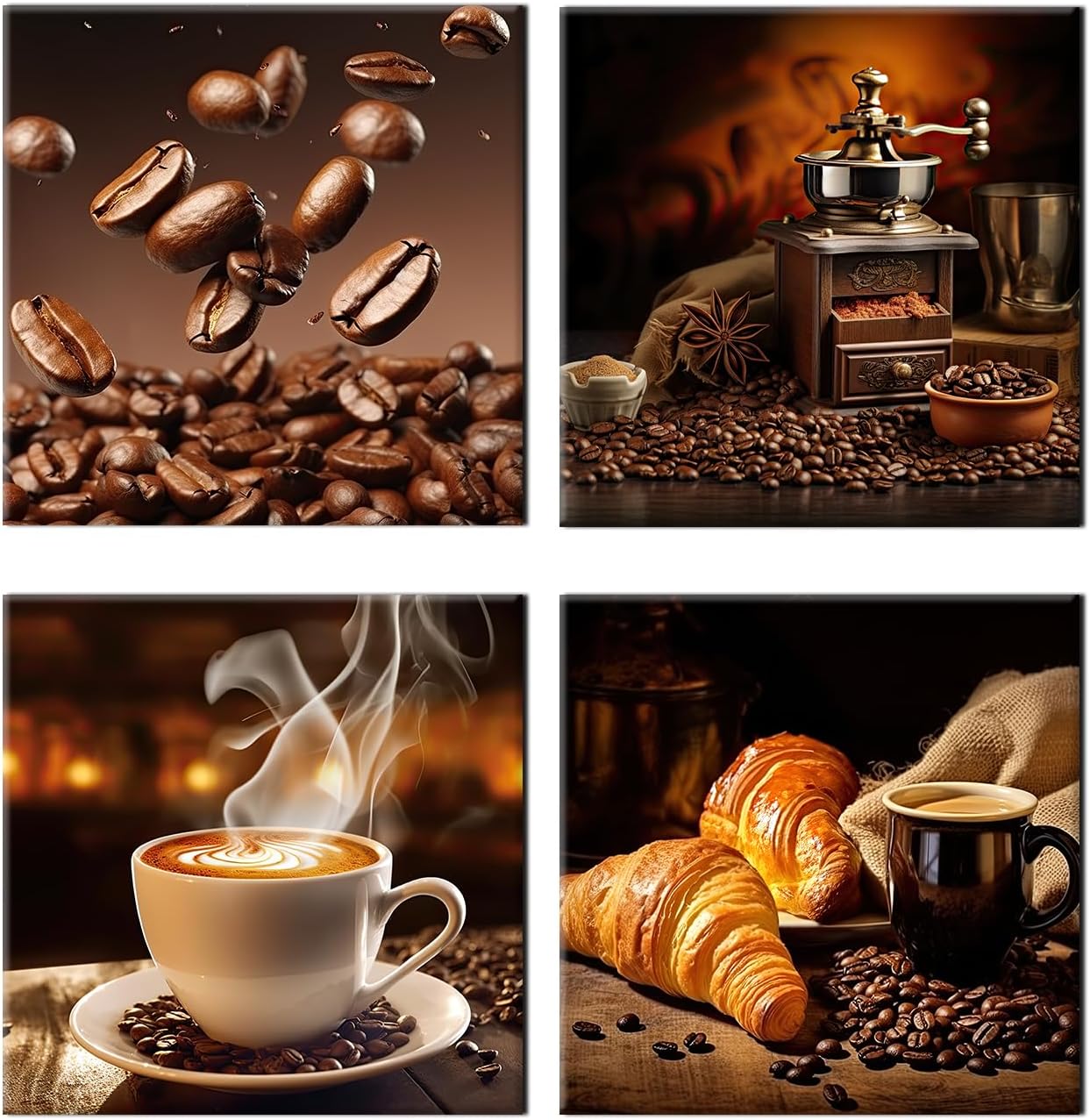 PLIDAAYO Coffee Wall Art 4 Pieces Coffee Bean and Coffee Canvas Poster Picture Modern Kitchen Print Painting Coffee Shop Artwork for Coffee Lover Dining Room Home Decor(Kit-03,16"x16"x4)