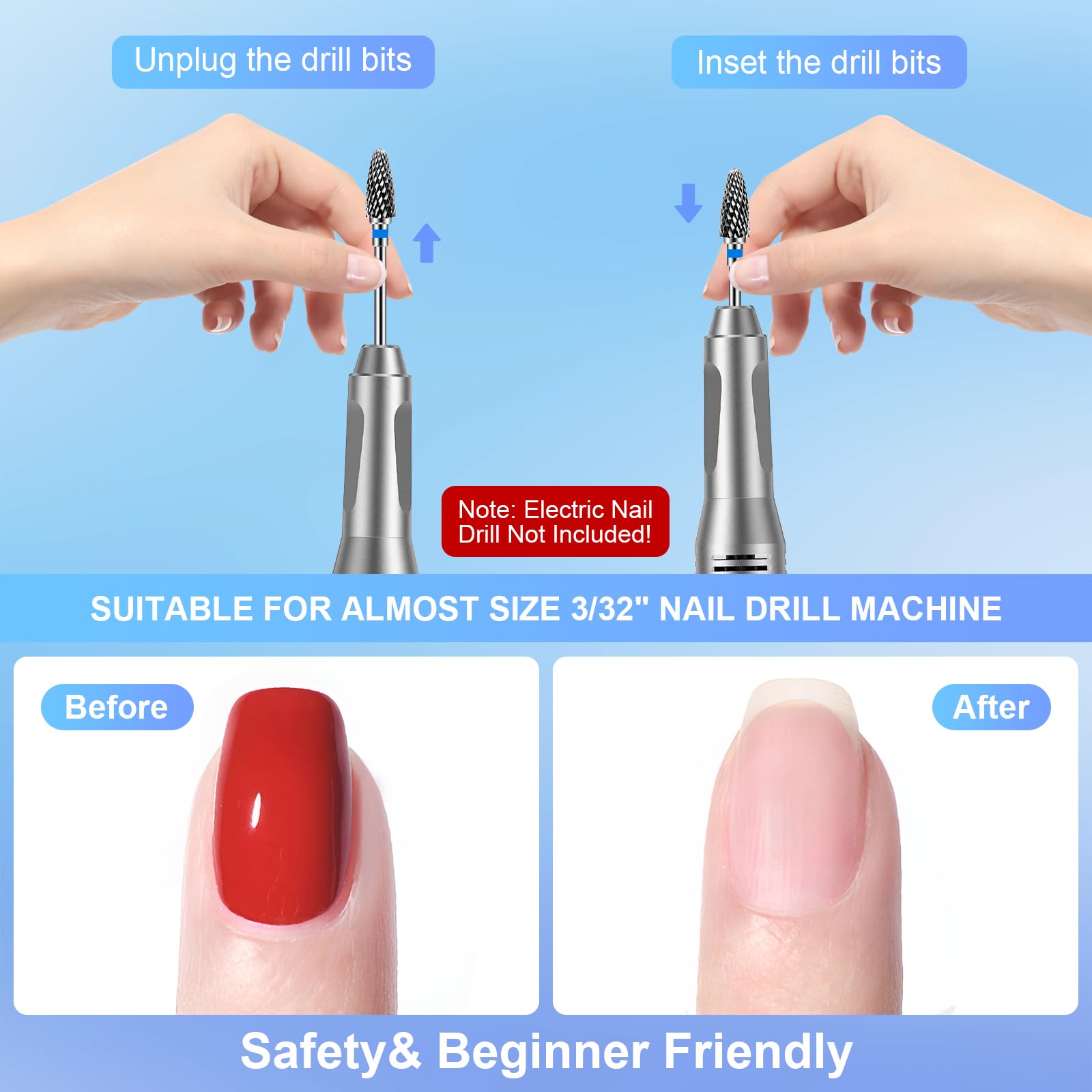 CGBE 10 Punte Fresa Unghie: 3/32 Pollici Punta Fresa Rimozione Gel - Professionale Punta da Trapano per Unghie con Manicure Portapunte - per Rimozione Cuticola Gel Acrilico - per Manicure Pedicure