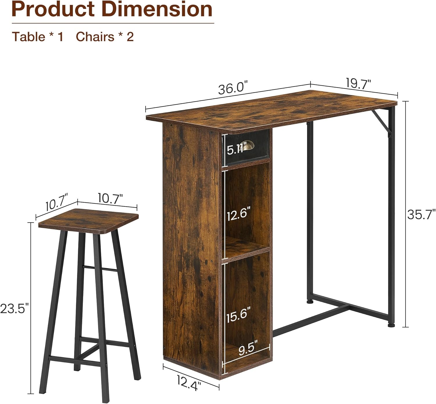 Detailed product dimensions for the GarveeHome bar table and two chairs, showing height, width, and depth measurements.