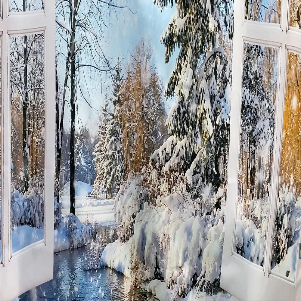 Winter Snow Scene Shower Curtain Christmas Snowflake World Forest Tree Pine Natural Scenery Wooden Window Xmas Holiday Blue Bathroom Decor Curtains Polyester Fabric Hooks 118 width x 70 length Inch