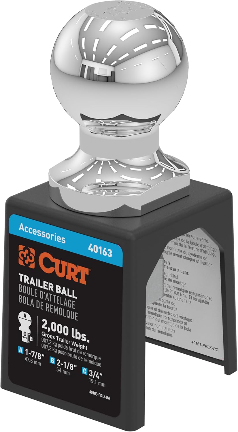 CURT 40163 Chrome Trailer Hitch Ball, 2,000 lbs, 1-7/8-Inch Diameter, 3/4 x 2-1/8-Inch Shank