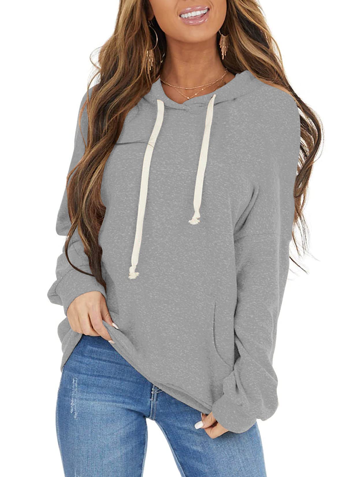 PRETTODAY Women's Casual Lightweight Hoodies Long Sleeve White Drawstring Sweatshirts Loose Pullovers with Pocket