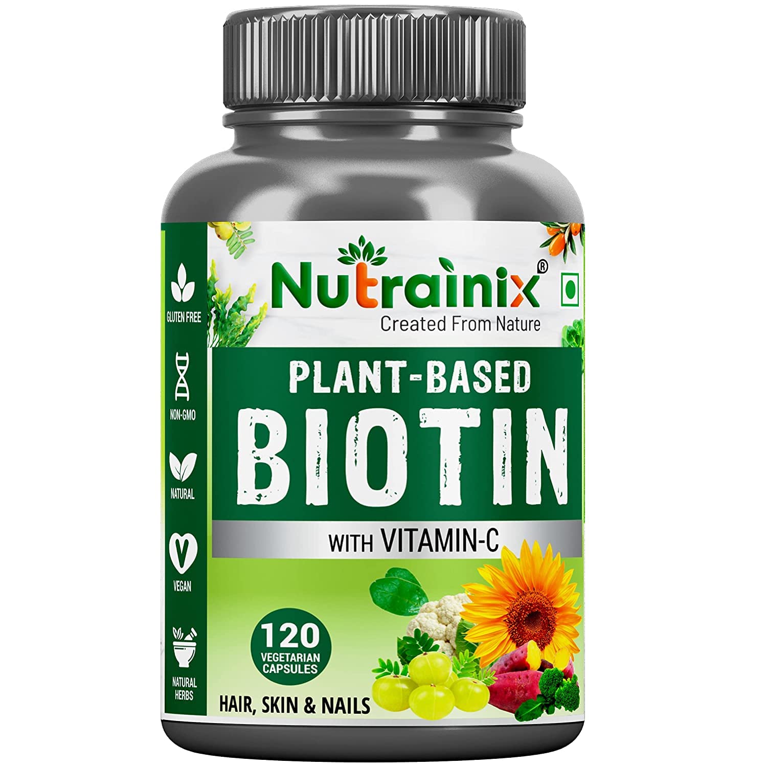 Nutrainix Plant-Based Biotin with Vitamin C for Longer Hair Growth, Hair Nourishment, Hairfall Control, Skin & Nails - Supplement for Hair Growth for Women & Men - 120 Veg Capsules