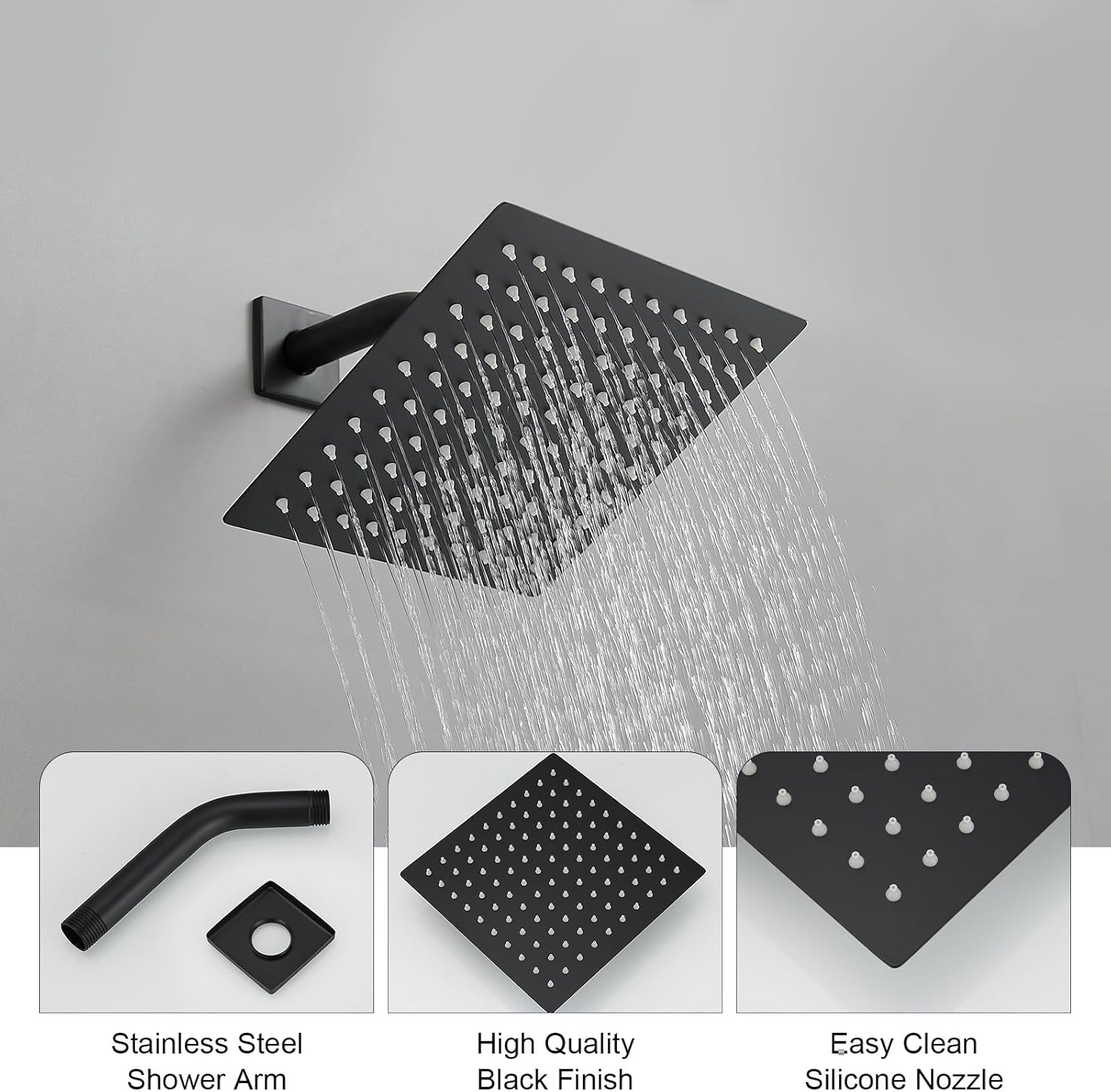 BWE Shower Faucet Set Matte Black Bathroom Rain Shower System Single Function Shower Trim Kit with Rough-in Valve 8 Inch Square Rainfall Shower Head and Handle Set