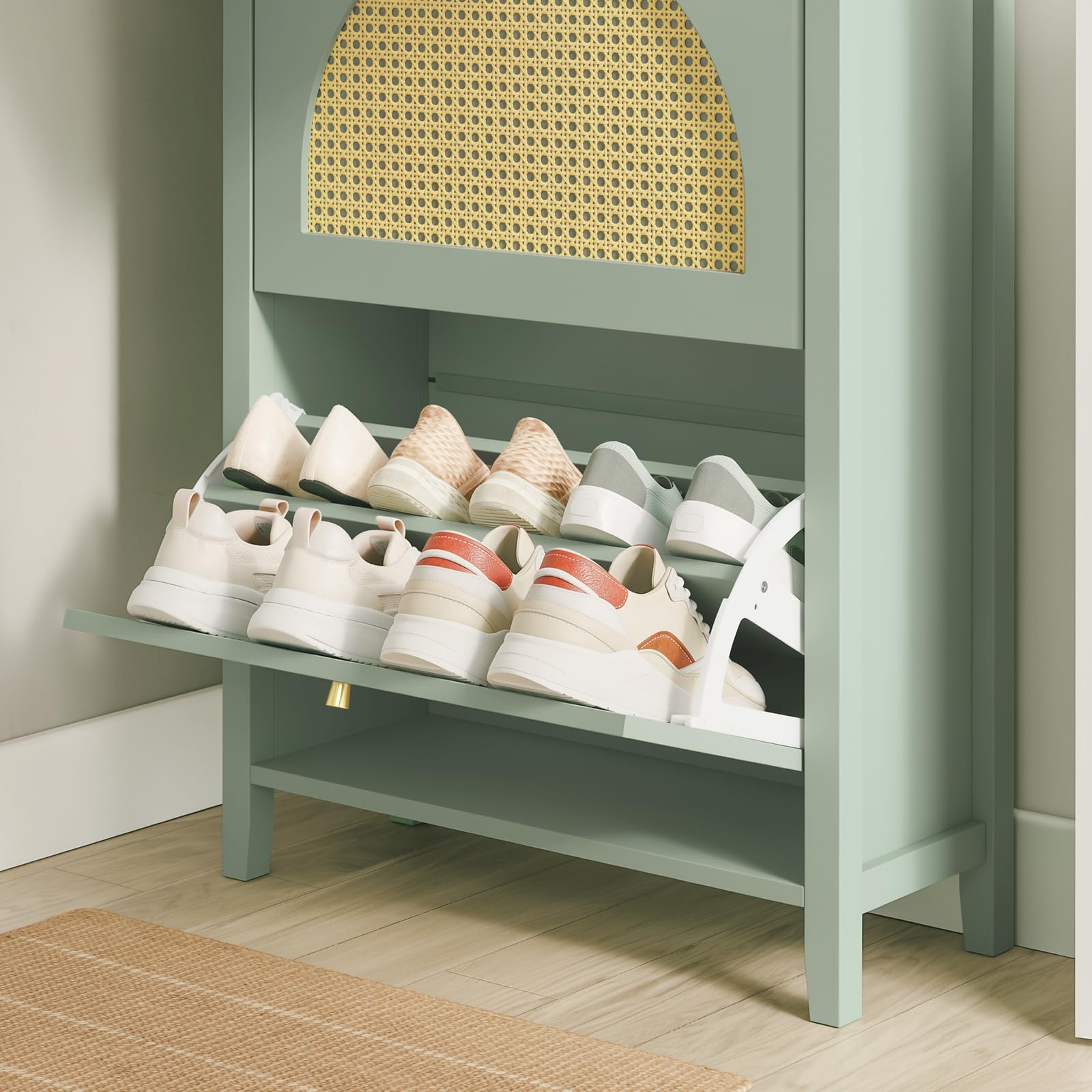 SoBuy Zapatero Estrecho - 2 Puertas 1 Cajón 62x25x97cm Entrada | Zapatero Recibidor MDF Con Puertas De Ratán, Cajón, Capacidad 8 Pares, Para Recibidor Pequeño, Verde Amarillo, FSR223-GR