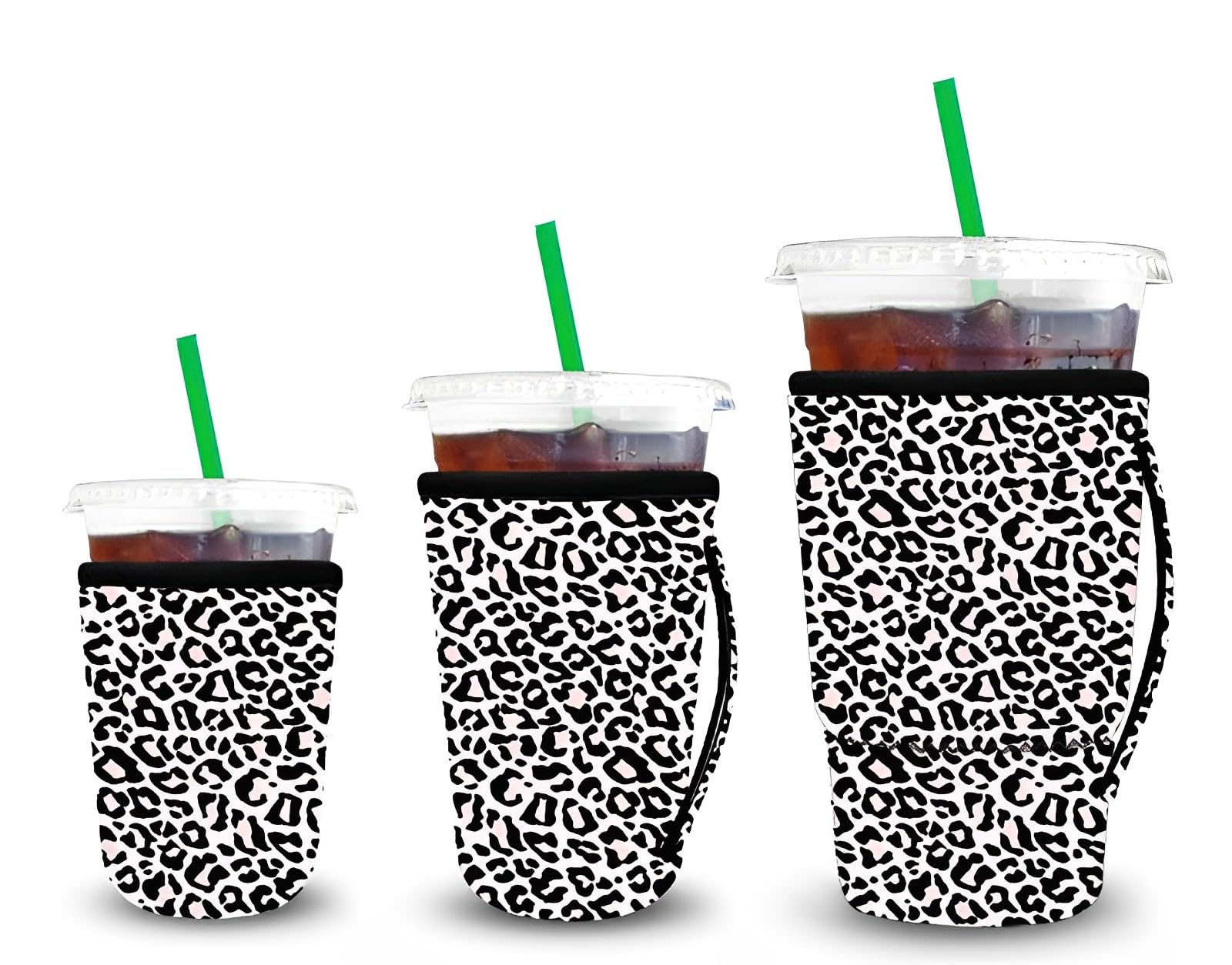 Rysaec 3 Pack Reusable Iced Coffee Sleeves - Eco-friendly，Practical ，And Versatile Neoprene Cup Sleeve for Cold/Warm Beverages (Leopard pink handle)