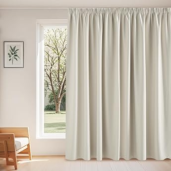 PONY DANCE Thermal Curtain Heat-Insulating 60-75% Blackout Curtains for Rail Set of 1 H 245 x W 300 cm Light Beige Extra Wide Curtains with Ruffle Tape for Living Room and Bedroom