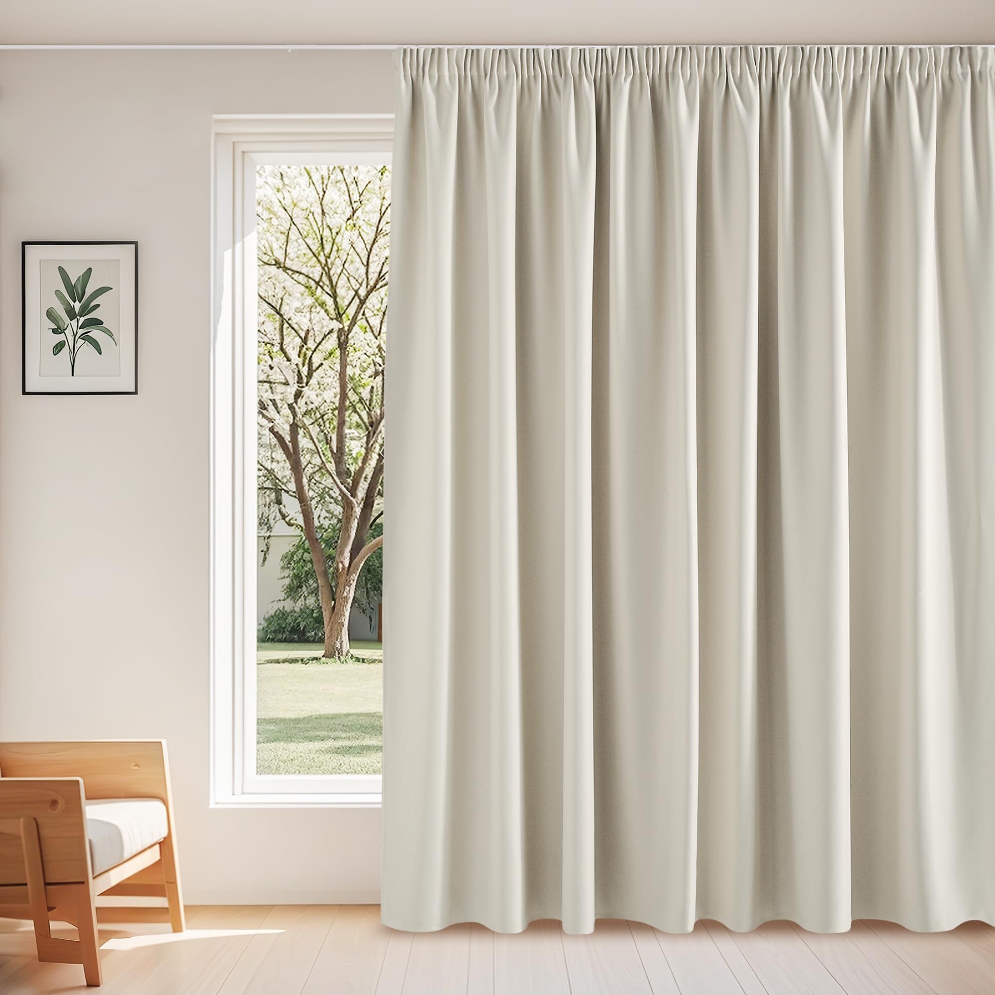 PONY DANCE Cortinas Salon Opacas de 3 Metros, Cortinas Termicas Aislantes Frio y Calor con Fruncidas, Separador del Ambiente 1 Panel para Dormitorio,300x260cm,Beige Claro