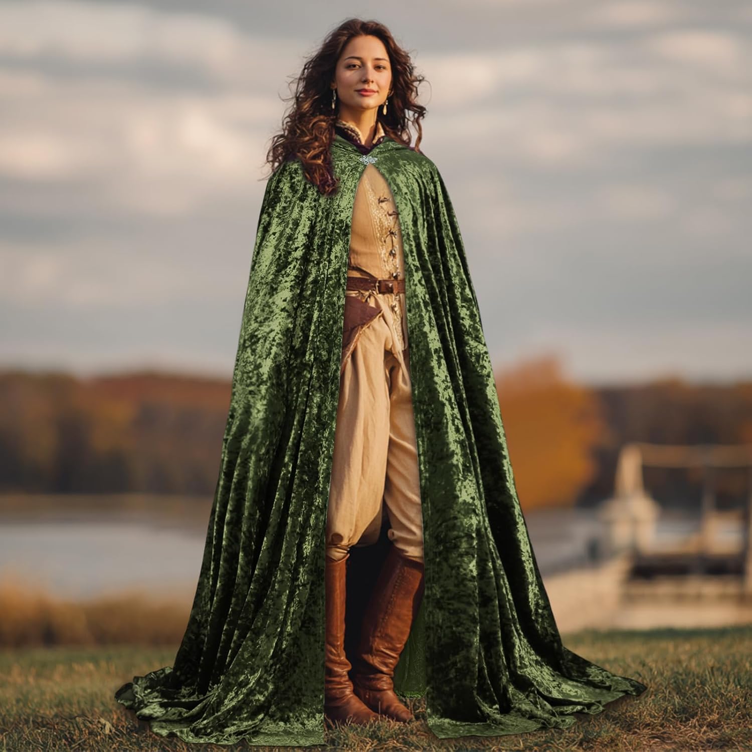 Ibeauti Velvet Cloak with Hood Women Full Length Halloween Witch Vampire Renaissance Medieval Costume Cape
