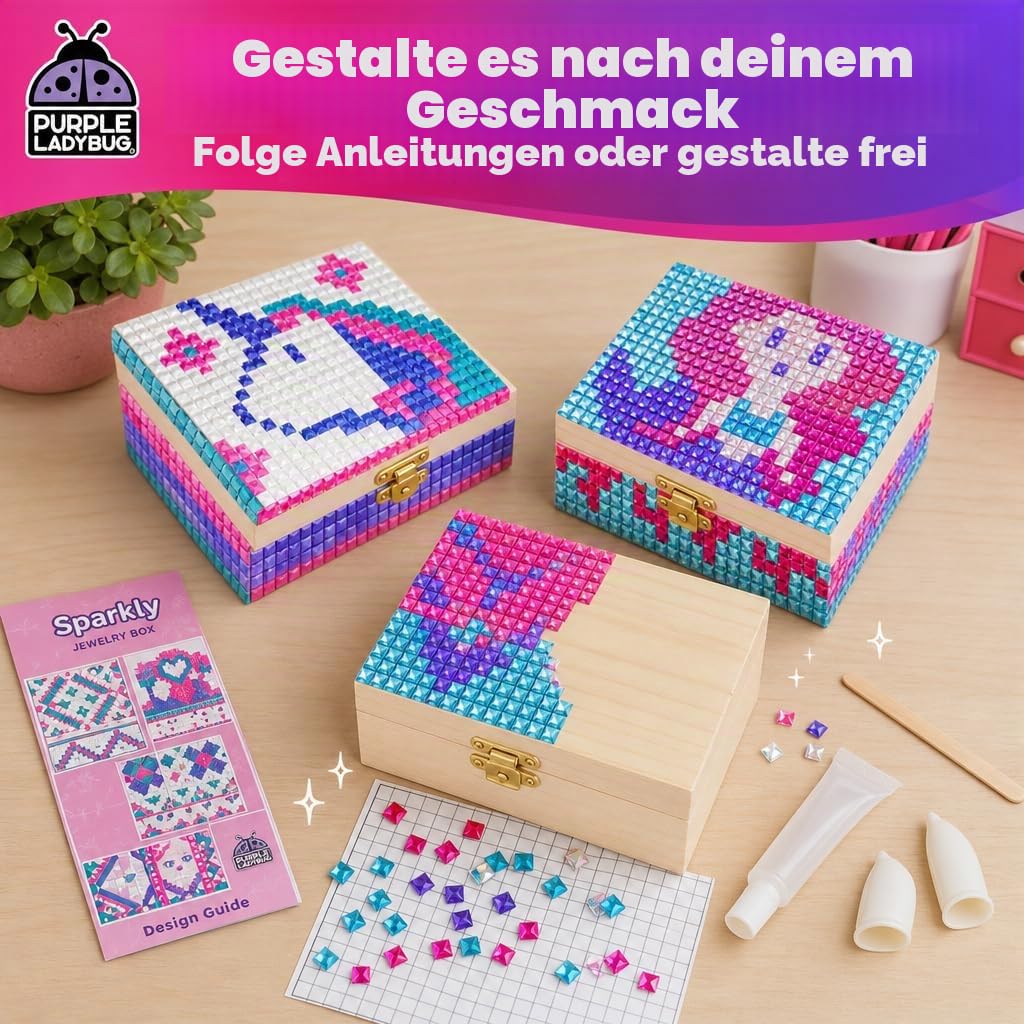 PURPLE LADYBUG Schmuckkästchen Mosaik Bastelset - Geschenk für Kinder ab 6 Jahre, Geschenk für Mädchen 7-14 Jahren, Bastelset für Teenager und Mädchen ab 10 Jahre - Kreatives DIY Geschenke