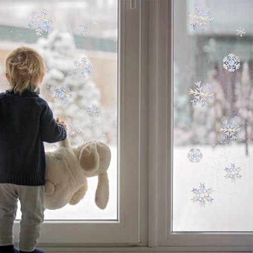 Miniatura 6 de 64 calcomanías de ventana de copo de nieve de arco iris, no adhesivas, reutilizables, para ventana, para invierno, Navidad, copos de nieve,