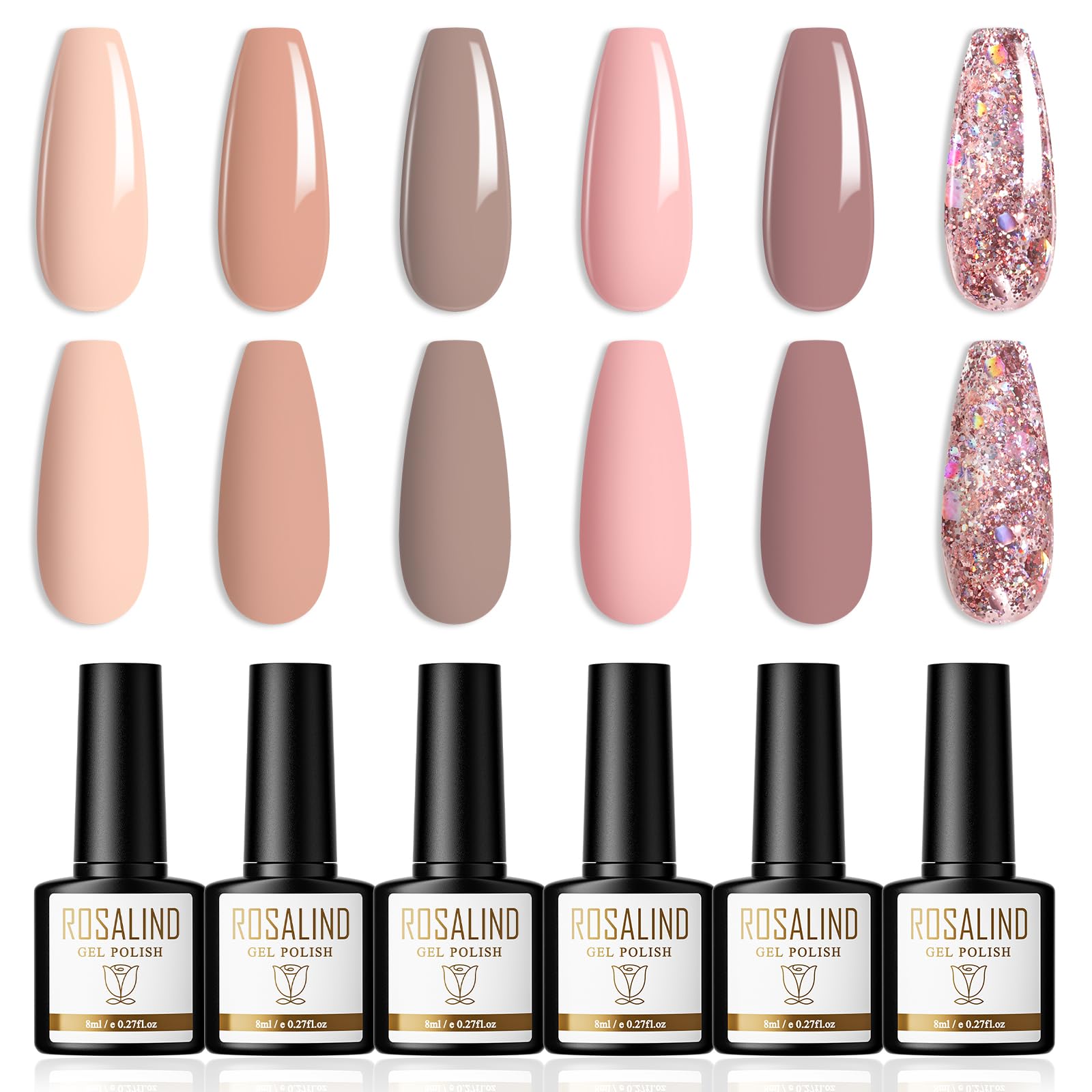 ROSALIND Esmaltes Semipermanentes Para Uñas 6 Colores Nude Rosa Púrpura Glitter Purpurina Pintauñas Gel Permanentes UV LED Pinta Uñas Semipermanentes Para Lampara Soak Off Gel Nail Polish 8ml