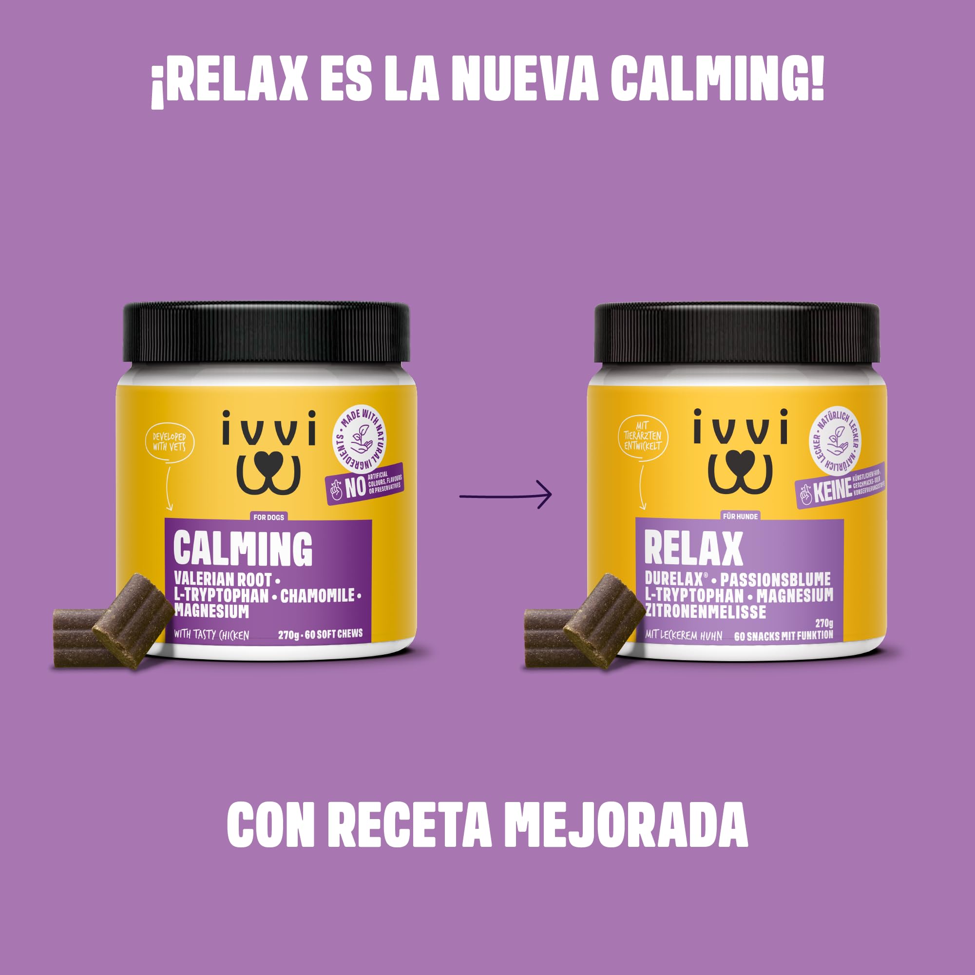 ivvi Relax - Calmante para Perros con L-triptófano para la ansiedad, el estrés y para calmar - 60 sabrosos Snacks con Pollo