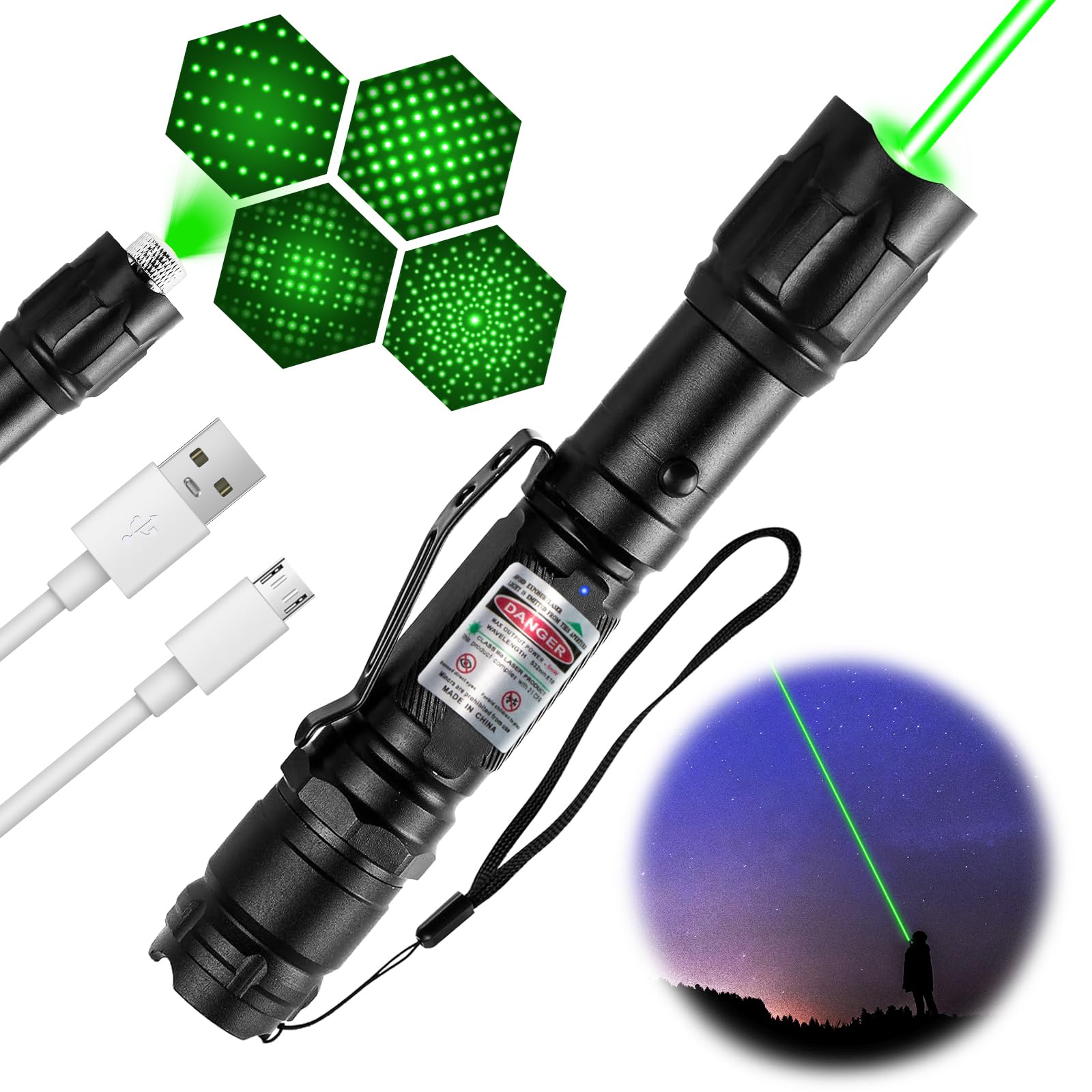Green Laser Pointer High Power Flashlight: Rechargeable Strong Green Laser Lights with Star Cap, Long Range Powerful Lazer Dot Beams Pointers for Outdoor Camping-Not Include Charging Cord