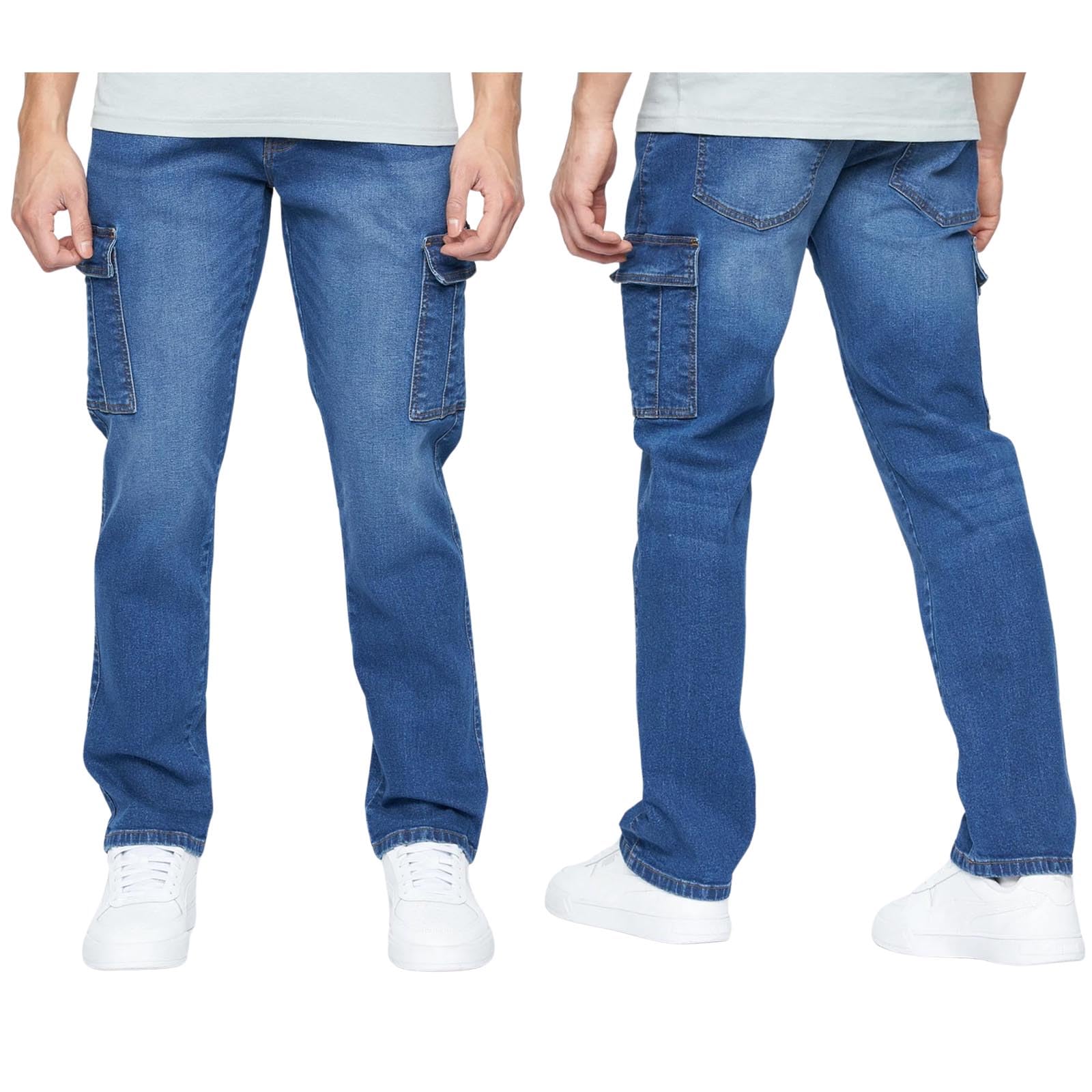 Crosshatch Mens Cargo Stretch Denim Jeans Casual Work Heavy Duty Pants in Straight Leg or Cuffed by Jeanbase Stonewash - Straight 38W X 34L