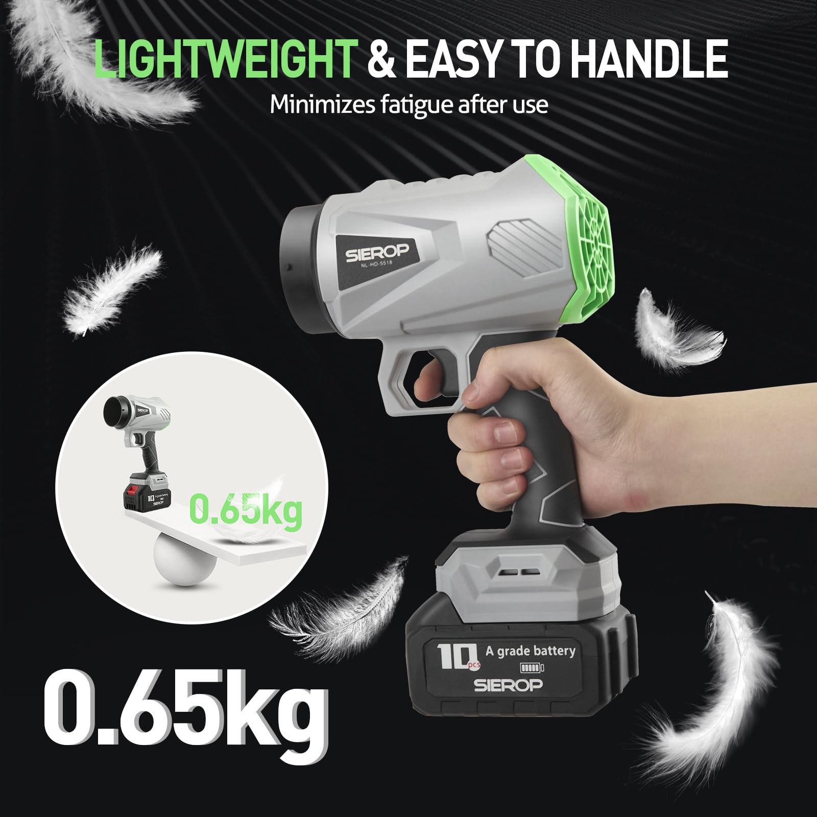 Soplador a batería, pequeño soplador de hojas inalámbrico con 2 baterías de 2,5 Ah y cargador y 3 boquillas, fuerza de soplado 1,2 kg, motor sin escobillas de 40.000 rpm, para camping, jardín, cuidado