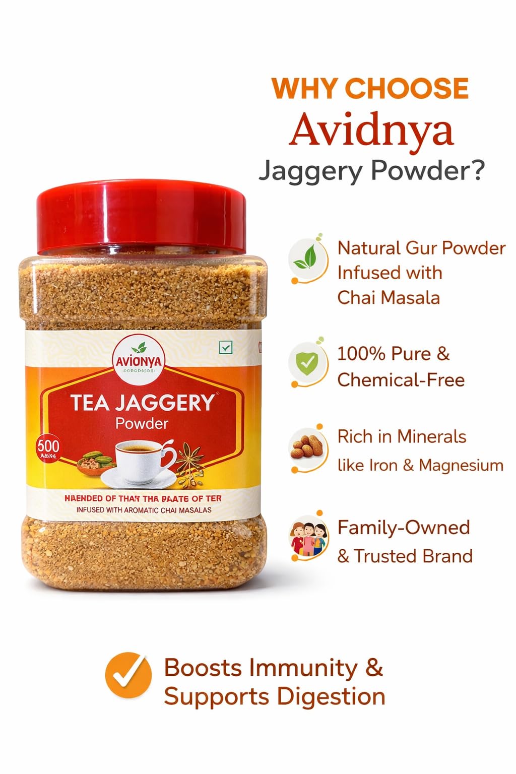 Avidnya Tea Jaggery Powder 250g | Natural Gur Powder Infused with Aromatic Chai Masala | Healthy Sugar Alternative for Tea & Beverages 2