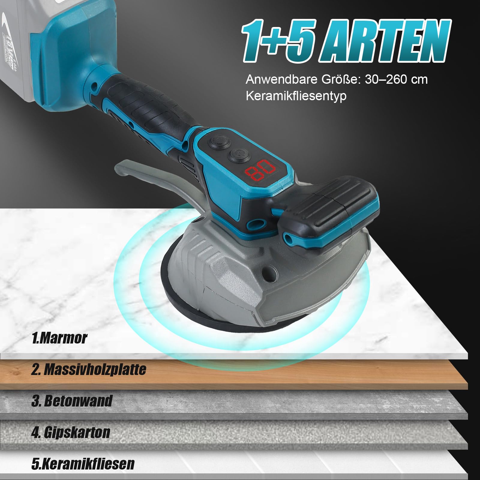 Akku Fliesenrüttler, Fliesenleger Maschine für Makita 18V, Fliesenvibrator mit 8 Einstellbaren Gänge, Fliesenlegerwerkzeuge mit 4,7 zoll Saugnapf, 80kg Adsorption Vibrationsgerät (ohne Akku)