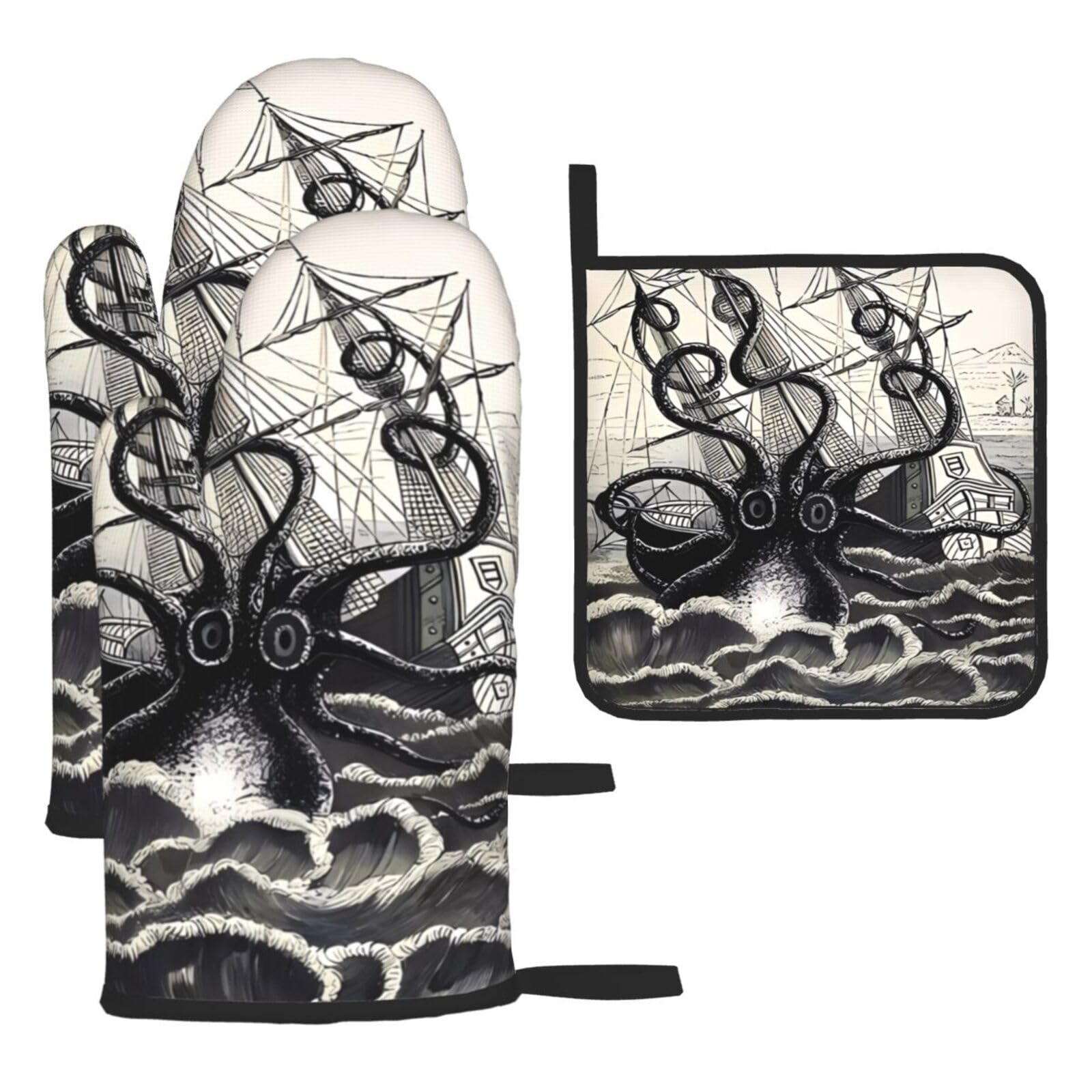 Sailing Pirate Octopus Printed Kitchen Oven Mitt Set 3-Piece Heat Resistant Gloves with Pot Holder Mat for Cooking Baking BBQ