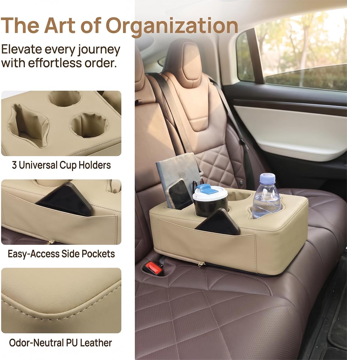 Car Backseat Cup Holder with Side Pocket, Leather, Anti-Skid, Beige