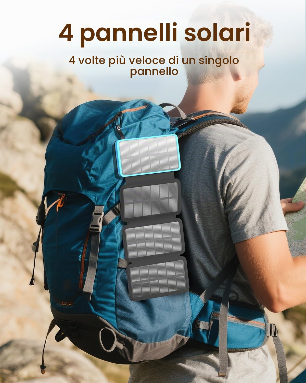 FEELLE Caricatore Solare 25000mAh, Power Bank Solare Batteria Esterna con Doppia Uscita USB 3,0A e 4 Pannelli Solari Pieghevoli Caricatore Portatile per Smartphone, Tablet, Campeggio ecc (Blu)