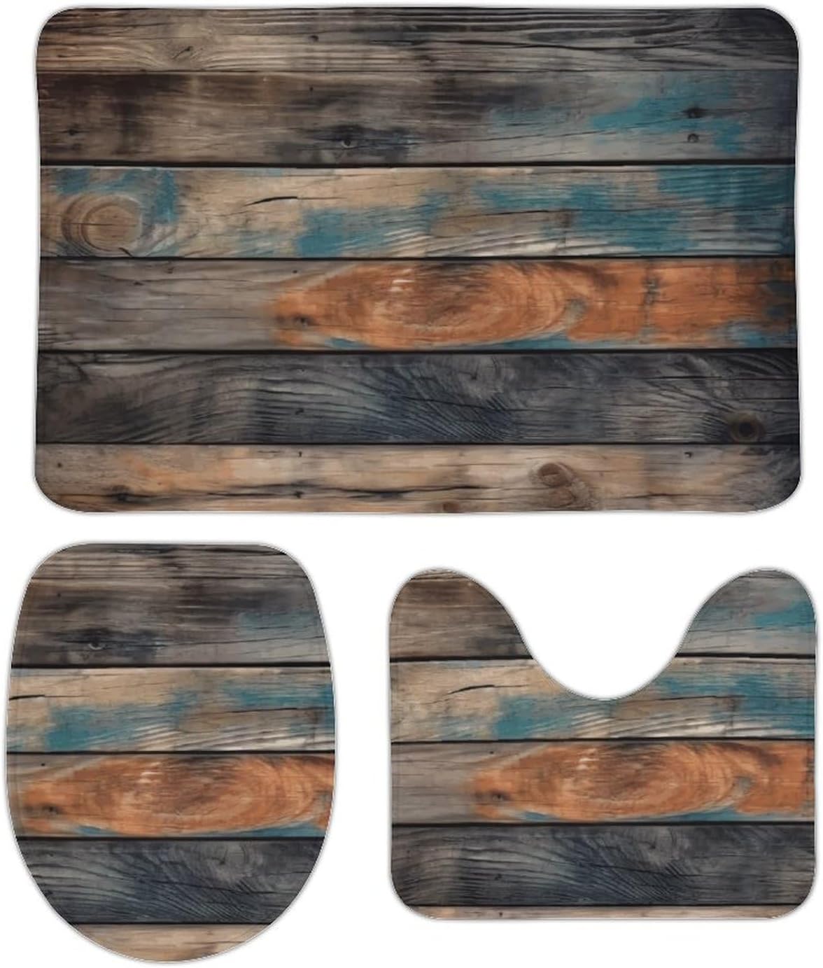 Anti-Skid Floor Mats 3 Piece Set,Brown Texture Printed Coral Fleece Bathroom Mats U-Shaped Contour Mat Toilet Seat Cover for Bathroom, Tub, Shower, Kitchen 19.7"x31.5"