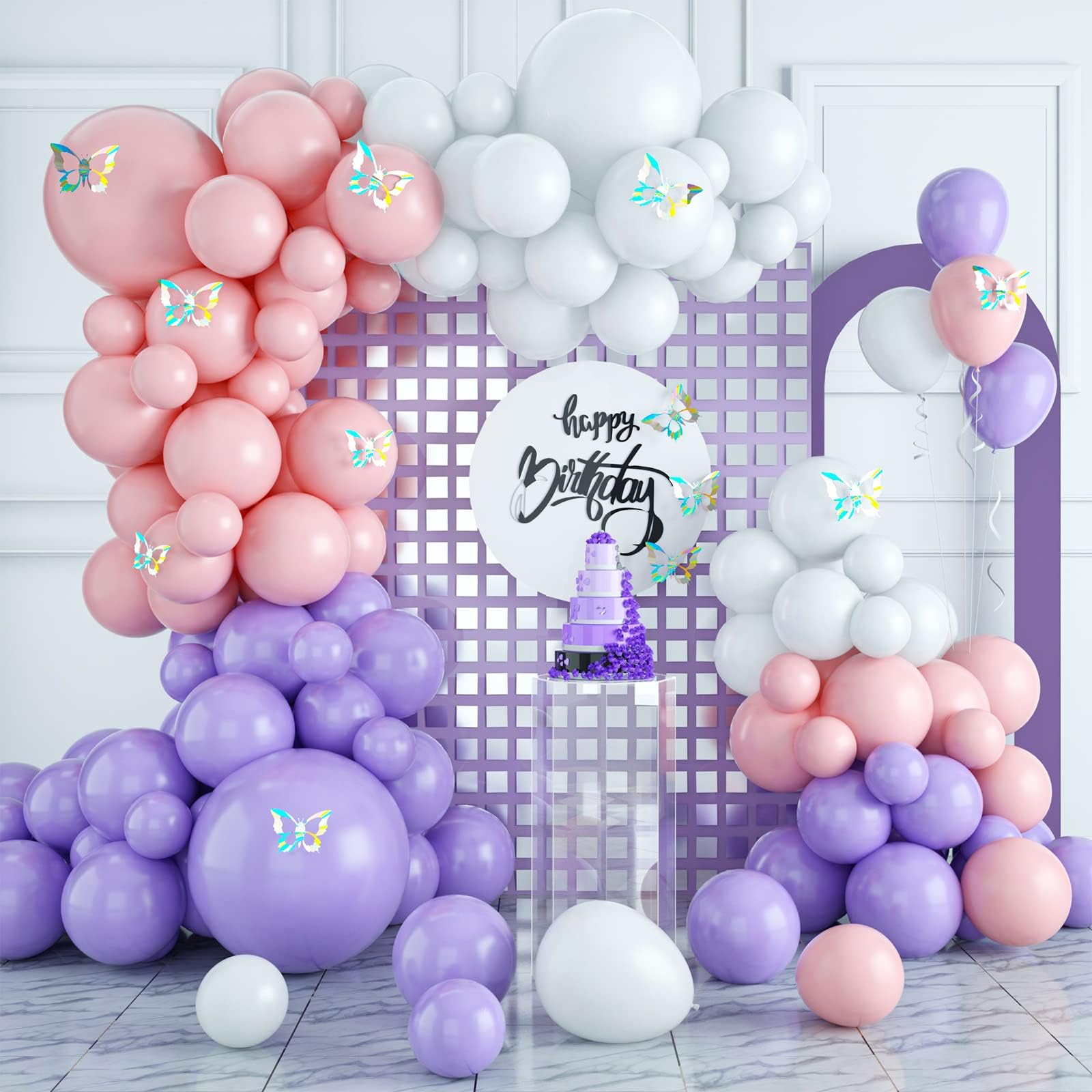Pink Purple White Balloons for Girls Women, Macaron Purple Pink Party Balloons, 93pcs Pastel Pink Purple White Balloons Garland Arch Kit with Hollow Out Butterfly for Birthday Baby Shower Wedding