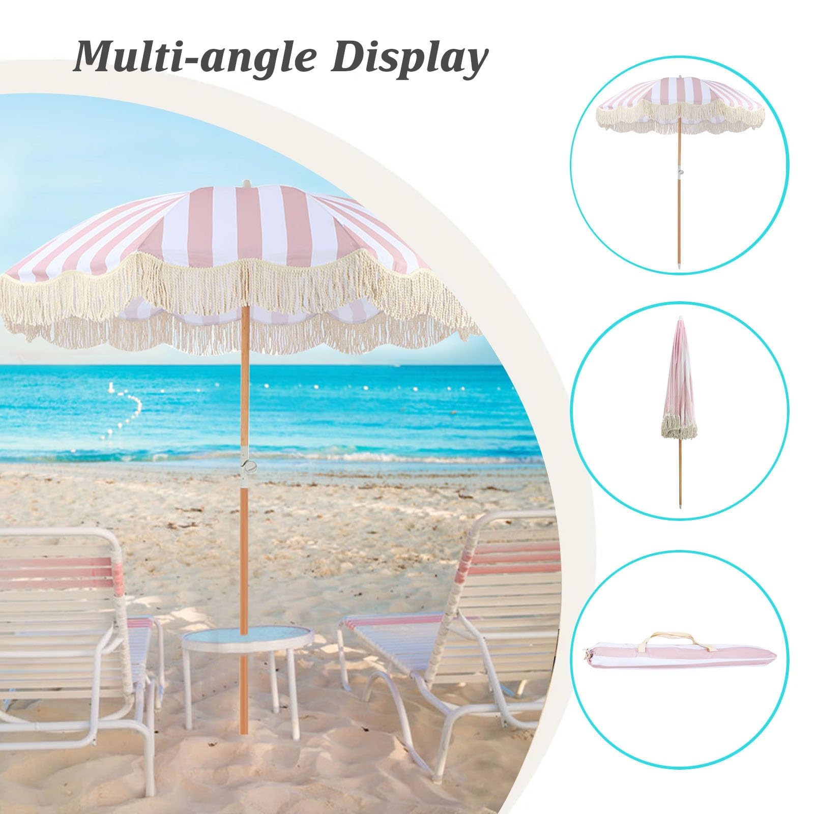 Sombrilla De Playa Grande Antiviento 2m Rosa Sombrillas Terraza Parasol De Jardín Anti UV Parasol Terraza De Jardín Sombrilla Jardin Exterior Con Borlas Para Piscina Balcón Y Césped