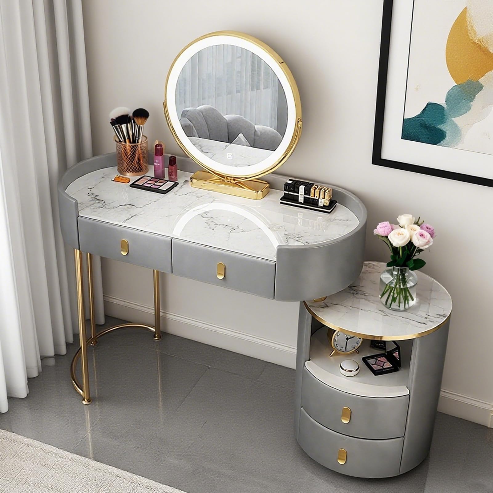 Slish - Juego de maquillaje de madera gris de 100 cm con espejo y ders, tocador Ele para mujeres y niñas, perfecto para decoración del hogar y rutina de belleza