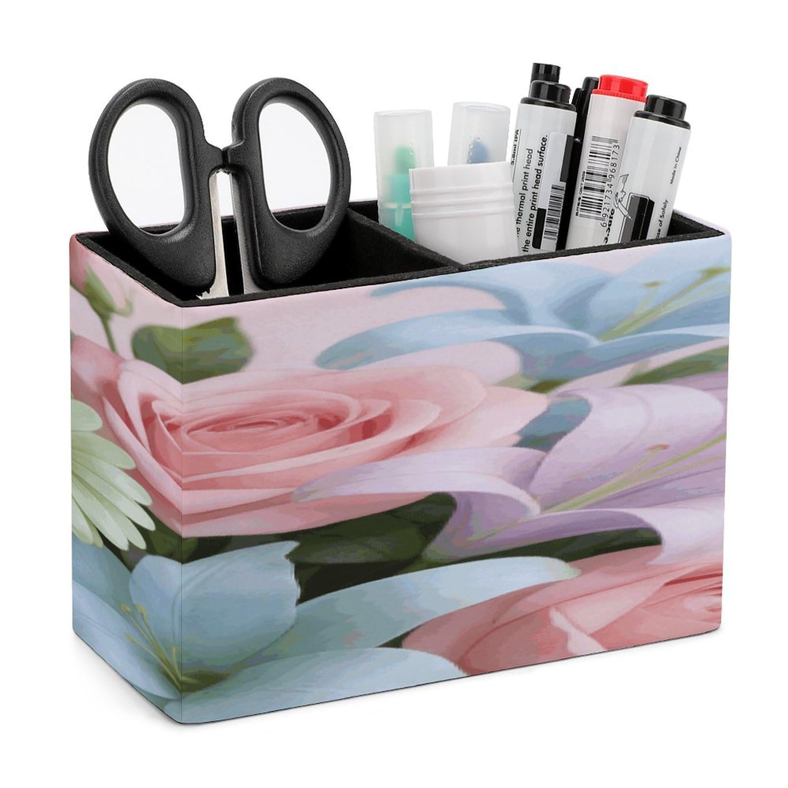 LZQPOEAS Pastel Bloom Pen Holder Double Compartments Pen Cup Makeup Brush Holders Leather Pencil Holder Locker Organizer for Work Locker Accessories Modern Pencil Cup for Desk